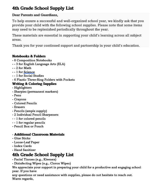 Supply list